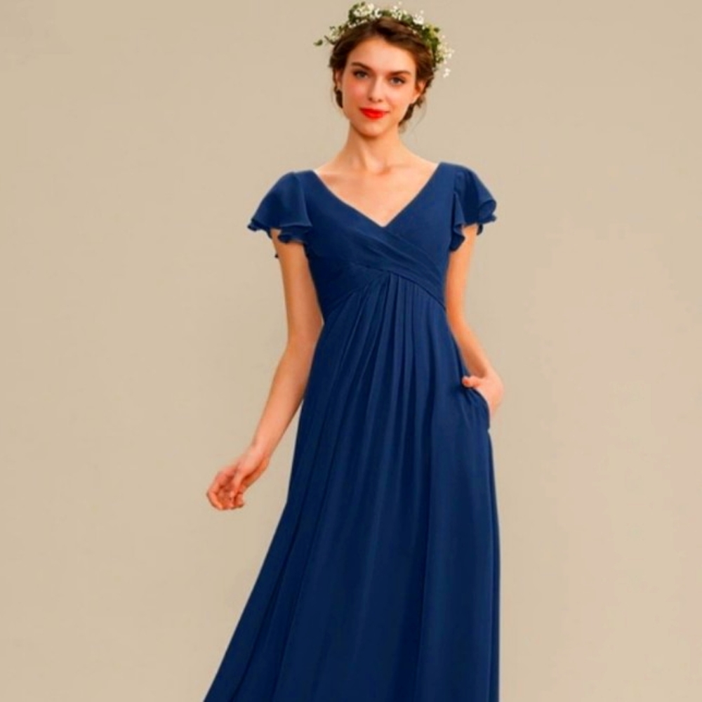 JJsHouse A-Line V-neck Floor-Length Chiffon Bridesmaid Dress w Cascading Ruffles